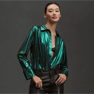 NWT Anthropologie Liquid Metal Green button up shirt